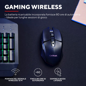 Trust Gaming GXT 110 Felox Mouse Gaming Wireless Ricaricabile, 80 Ore di Autonomia, 800-4800 DPI, Illuminazione LED, 6 Pulsanti, Mouse Senza Fili RGB per Computer, Laptop, Windows - Nero