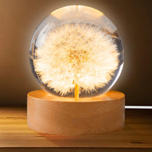 Carica l'immagine nel visualizzatore di Gallery, Sfera di cristallo, luce notturna, 6 cm, fiore di leone, lampada da notte con base in legno USB, ideale come regalo per 