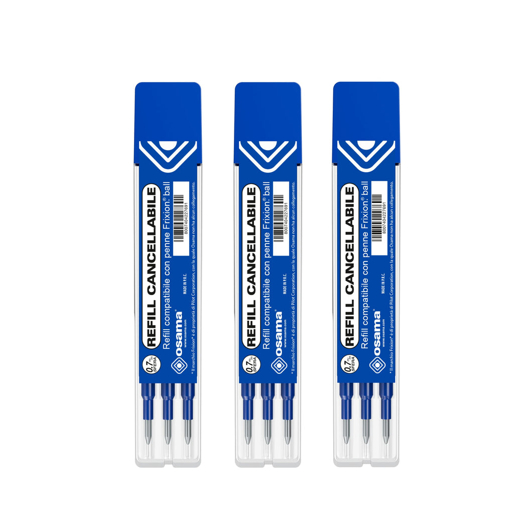 OSAMA - Ricarica Penne Cancellabili per Scuola Elementare, Medie, Superiori, Kit 9 Pezzi a Sfera, 0.7 mm - Refill per Penne Gel Compatibile con Frixion Ball - Ricariche per Penna Cancellabile, Blu
