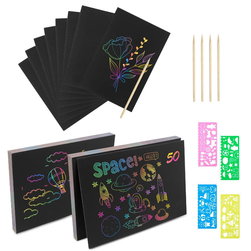 Relota 50 Pezzi Scratch Art Bambini Set, Fogli Arcobaleno da Grattare con 5 Stilo in Legno, 4 Righelli Modello, Blocco da Disegno Rainbow Scratch Paper per Appunti, Disegni, Giochi, Scrittura