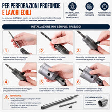 Carica l'immagine nel visualizzatore di Gallery, Topolenashop Asta Prolunga 35 cm per Fresa a Tazza SDS Plus – Barra con Punta di Centraggio e Filettatura M22 per Corone