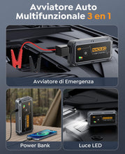 Carica l'immagine nel visualizzatore di Gallery, Avviatore Batteria Auto 5000A, Avviatore di Emergenza per Auto/Moto (Fino a 9.0L Gas/8.5L Diesel) 12V Booster Avviamento con Torcia a LED, Ricarica Rapida, Cavi Avviamento, Compatto (5000A)