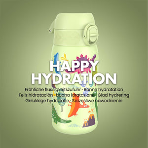Ion8 Borraccia Acciaio per Bambini, 400ml, a Prova di Perdite, Facile da Aprire, Serratura Sicura, Lavabile in Lavastoviglie, Maniglia per il Trasporto, Facile Pulizia, Durevole, Design Dinosauri