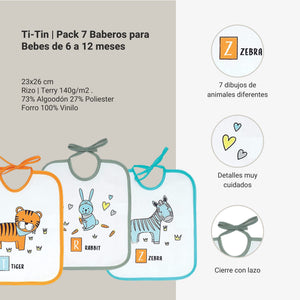 Ti Tin - Confezione Da 7 Bavaglini Impermeabili 73% Cotone - 27% Poliestere Fodera Vinile | Confezione Da 7 Bavaglini con Chiusura a Nastro Per Bambini Da 6 a 18 Mesi, 23x27 cm