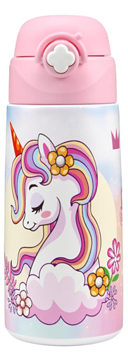 Kiocko Borraccia Per Bambini, In Acciaio Inox, 475 Ml, Certificata TüV, Senza Bpa,Bottiglia Acqua Con Cannuccia A Prova Di Perdite, Per Scuola, Asilo (1-Unicorno)