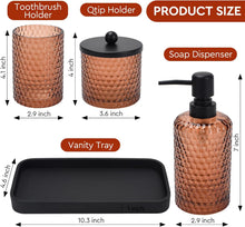 Carica l'immagine nel visualizzatore di Gallery, Set di accessori per il bagno, 4 pezzi in vetro ambrato set di accessori da bagno - dispenser sapone lozione, portaspazzolino, dispenser Qtip Holder e vassoio in resina, organizer da banco, ambra