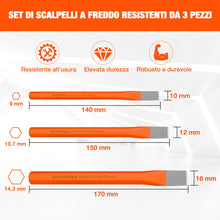 Carica l'immagine nel visualizzatore di Gallery, ValueMax Set di Scalpelli da 3 Pezzi, Scalpello Piatto in Acciaio Cr-V, Scalpello a Freddo (10 mm, 12 mm, 16 mm), per Ro