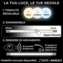 Carica l'immagine nel visualizzatore di Gallery, Luce Armadio LED con Sensore Ricaricabile, Barra LED Magnetica a 3 Tonalità, Intensità Regolabile Dimmerabile per Illumi