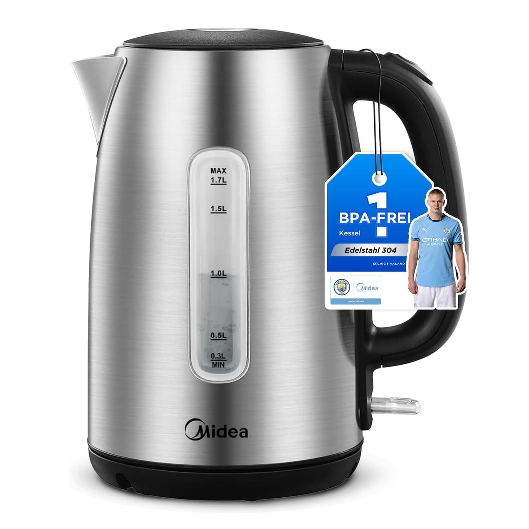 Midea Bollitore Elettrico 1,7L, Acciaio Inox, Kettle senza BPA, 2200 W, Bollitore Acqua con indicatore del livello dell'acqua, indicatore LED, Base di rotazione a 360°