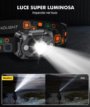 Carica l'immagine nel visualizzatore di Gallery, Rolgno Torcia Frontale LED Ricaricabile, [Ultra Luminosa] Lampada Frontale con Sensore di Movimento, 6 Modalità di Illuminazione &amp; Impermeabile IPX4, 15H Autonomia per Corsa Notturna, Campeggio, Pesca