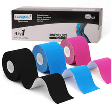 Carica l'immagine nel visualizzatore di Gallery, Kinesio Tape - 3 rotoli 5cm x 5m di tape kinesiologico Nero+Blu+Rosa, tape sportivo impermeabile ed elastico - Nastro Ki