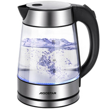Carica l&#39;immagine nel visualizzatore di Gallery, Aigostar Chubby - Bollitore Acqua Elettrico Acciaio Inox e Vetro Trasparente Borosilicato con LED illuminazione, Senza BPA, 1,7 litri, 2200W, Filtro Rimovibile, Spegnimento Automatico, base 360º