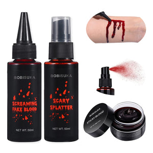 BOBISUKA Halloween Sangue Finto Lavabile 3 Pz: 1 Plasma Coagulato+1 Spray di Sangue Finto+1 Sangue Finto Gocciolante Sicuro per Carnevali, Film, Teatro, Scherzi, Ferite Simulate