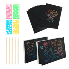 Carica l'immagine nel visualizzatore di Gallery, Fogli da grattare per bambini – 50 fogli arcobaleno da grattare con 5 stilo in legno, 4 modelli, kit disegno DIY, scratc
