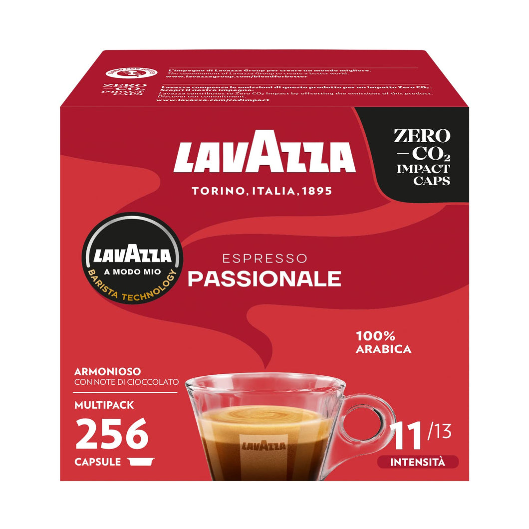 Lavazza, A Modo Mio Passionale, 256 Capsule Caffè, per un Espresso con Note di Caramello e Cioccolato, 100% Arabica, Intensità 11/13, Tostatura Scura, 16 Confezioni x 16 Capsule