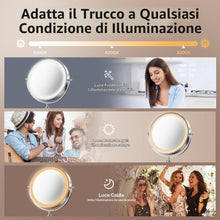 Carica l'immagine nel visualizzatore di Gallery, SURFOU Specchio Trucco con Luci LED 10X/1X, Specchio Ingranditore Bifacciale con 3 Modalità di Illuminazione e Luminosità Regolabile, Altezza Regolabile, Rotazione 360°, per Bagno e Toeletta