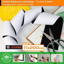 Carica l'immagine nel visualizzatore di Gallery, Stretch Biadesivo Extra Forte Nero Largo 11cm x 2m Adesivo Forte per Tessuto Zanzariere Divani Articoli per Tappezzieri 