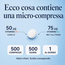 Carica l'immagine nel visualizzatore di Gallery, Vitamina D3+K2 (Dura 1 anno e 4 mesi) 500 Microcompresse – ELETTO PRODOTTO DELL’ANNO 2026 - Senza Biossido di Silice, Vitamina D3 2000 UI a Compressa – Vitamina K2 MK7 All-Trans Active Pro Vitaminact