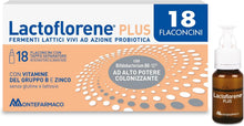 Carica l'immagine nel visualizzatore di Gallery, Lactoflorene Plus, Integratore Fermenti Lattici Vivi per l'Equilibrio Intestinale, con Zinco e Vitamine B, 18 Flaconcini, Senza Glutine e Senza Lattosio
