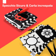 Carica l&#39;immagine nel visualizzatore di Gallery, URMYWO Libri Sensoriali Neonato con Specchio, Libro di Stoffa per Neonati,Giochi Neonato 0 3 6 12 Mesi, Tummy Time, Libri di attività in Bianco e Nero con 11 Motivi, Pieghevole e Lavabile