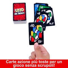 Carica l'immagine nel visualizzatore di Gallery, Mattel Games - UNO No Mercy, la versione di UNO più brutale di sempre in confezione in metallo, con 56 nuove carte, regole speciali come Pesca 6 e Pesca 10, giocattolo per bambini, 7+ anni, HXT57