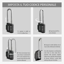 Carica l'immagine nel visualizzatore di Gallery, PORTENTUM Lucchetto combinazione archetto lungo 4 cifre – Set da 2 – Lucchetto armadietto palestra con corpo in lega di 