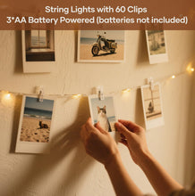 Carica l'immagine nel visualizzatore di Gallery, Luci per Foto, 12M Lucine LED Decorative per Camere Filo con Mollette 60 Clip, Luci LED a Batteria per Parete Camera Natale Feste Matrimonio Compleanni - Bianco Caldo