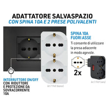 Carica l'immagine nel visualizzatore di Gallery, Electraline 71949 Adattatore Doppio Salvaspazio due Posti frontali P40 polivalenti (10/16A + Schuko tedesca), Spina picc