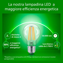 Carica l'immagine nel visualizzatore di Gallery, Philips Classic ultra-efficient LED bulb with energy efficiency class A, replaces 60W, E27 base, clear, warm white light