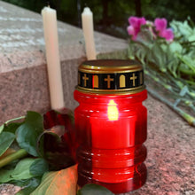 Carica l'immagine nel visualizzatore di Gallery, Candele funerali a LED rosse, 4 pezzi, IP44, impermeabili, per esterni, con effetto tremolante, a batteria, per cimitero