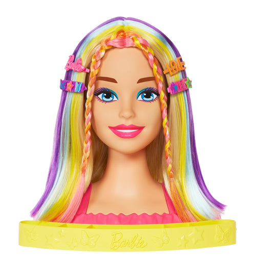 Barbie - Super Chioma Hairstyle Capelli Arcobaleno, testa pettinabile con capelli biondi e ciocche arcobaleno fluo da acconciare, con accessori Color Reveal, giocattolo per bambini, 3+ anni, HMD78