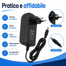 Carica l'immagine nel visualizzatore di Gallery, Trasformatore Alimentatore USB 12V Con Spina EU, da Presa Casa AC220V a DC 12V (24W 12V 2A)