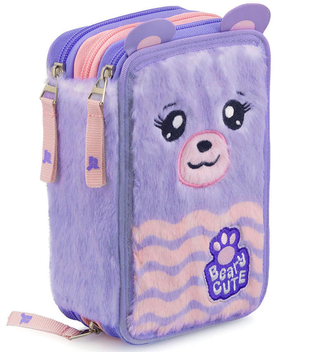 Julian Ross Teddy Bear Fluffy Astuccio Triplo Riempito Peluche Bambina, 45 Accessori Scuola Elementare, 3 Zip, Scomparti Organizzati, Pastelli, Pennarelli, Colla, Forbici