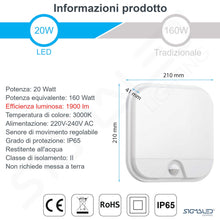 Carica l'immagine nel visualizzatore di Gallery, Sigmaled lighting - Plafoniera Led Esterno Interno 20W IP65, Applique da Parete Esterno con Sensore di Movimento, Luce C