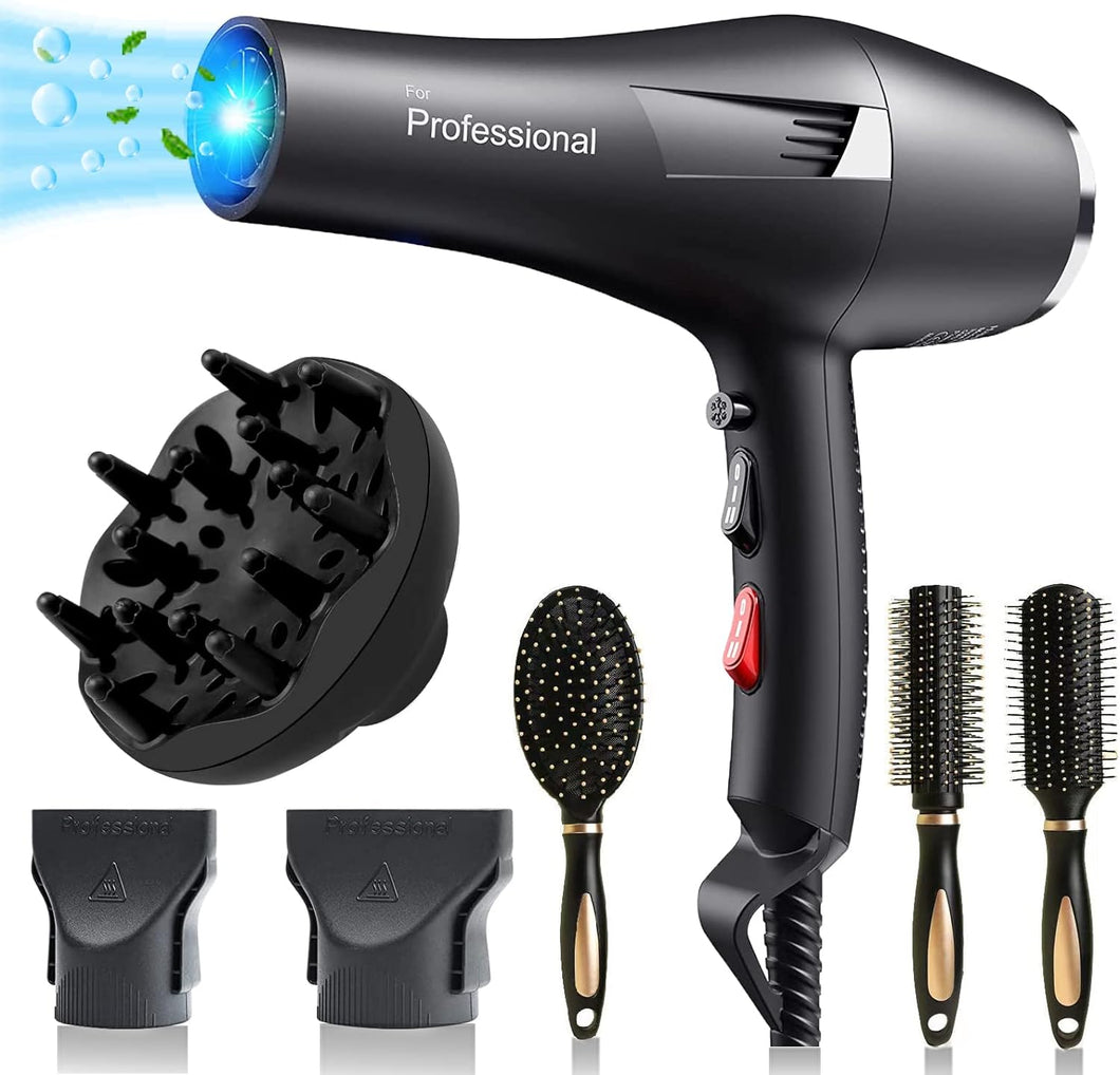 HappyGoo Asciugacapelli professionali ioni 2400W Phone con 1 diffusore 3 ugelli styling, cavo di alimentazione lungo 2.5 metri, Phon forte per la famiglia, salone di capelli, Parrucchieri