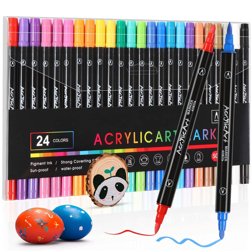 Diboniur 24 Colori Pennarelli Doppia Punta, Pennarelli Acrilici Brush Pen, Punta Pennello e Punta Media Set Pennarelli Ad Acqua, per Colorazione, Calligrafia, Pittura, Legno, Vetro, Tessuti, Sassi