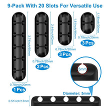Carica l'immagine nel visualizzatore di Gallery, 9 Pezzi Clip per Cavi in Silicone di Varie Dimensioni | Porta Cavi Adesivi per Scrivania, TV, Auto | Nero Organizer Cavi