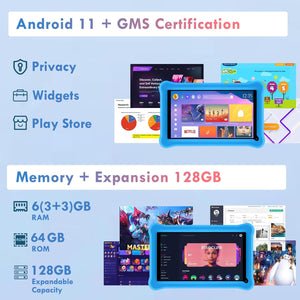 SANNUO Tablet per bambini 7 pollici Android 11 Tablet con 6GB RAM+64GB ROM(128 GB Espandibile), Display IPS,App Pre-installed, Bluetooth, Controllo Parentale, WiFi Tablet Educativo con Custodia-Blu