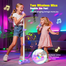 Carica l'immagine nel visualizzatore di Gallery, Dislocati Microfono Karaoke per Bambini con Supporto, 2 Microfoni Wireless, Luci Colorate, Regalo Natale per Bambini 3 4