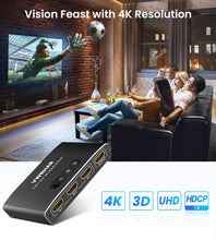 Carica l'immagine nel visualizzatore di Gallery, Sdoppiatore HDMI, 4K@60Hz HDR Switch HDMI 3 In 1 Out con Telecomando, Alluminio HDMI Switch Supporta 4K/3D/HDCP1.4/UHD/1080P, Splitter HDMI per TV, PC, Fire Stick, PS5/4/3, Xbox, Blu-Ray, DVD Player