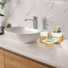Carica l'immagine nel visualizzatore di Gallery, Relaxdays Set Accessori Bagno 4 Utensili, Dispenser, Porta-Sapone, Porta-Spazzolino, bambù, Ceramica, Marrone e Bianco