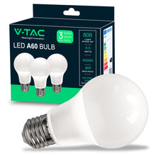 Carica l'immagine nel visualizzatore di Gallery, V-TAC Lampadina LED con Attacco E27 8,5W (Equivalenti a 60W) A60 806 Lumen - 6500K Luce Bianca Fredda (Box 3 pezzi)