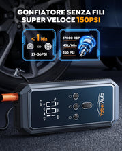 Carica l'immagine nel visualizzatore di Gallery, Avviatore Emergenza per Auto con Compressore 150PSI 8000A 21800mAh, YaberAuto Booster Avviamento Auto/Moto (Tutti Gas/10.0L Diesel), 12V Starter Batteria con Ricarica Rapida 18W,Uscita DC 160W,Torcia