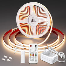 Carica l'immagine nel visualizzatore di Gallery, WOBSION Striscia LED Cucina COB 5 Metri Dimmerabile con RF Telecomando,Bianco Naturale Strisce Kit 4000K per Festa,la Casa,Bar,Camera e Armadio,24V GS Alimentatore Luminoso Luci da 320LEDs/M,CRI90+
