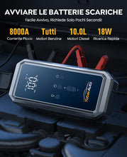 Carica l'immagine nel visualizzatore di Gallery, Avviatore Emergenza per Auto con Compressore 150PSI 8000A 21800mAh, YaberAuto Booster Avviamento Auto/Moto (Tutti Gas/10.0L Diesel), 12V Starter Batteria con Ricarica Rapida 18W,Uscita DC 160W,Torcia