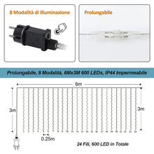 Carica l'immagine nel visualizzatore di Gallery, Zorela 600 LED 6Mx3M Tenda Luminosa Natale Esterno Interno Prolungabile Luci di Natale IP44 Impermeabile con 8 Modalità Tenda Luci Esterno per Natale, Giardino e Matrimonio