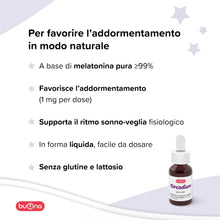 Carica l'immagine nel visualizzatore di Gallery, Buona Circadiem Melatonina Bambini Gocce 20 ml, Melatonina Pura al 99%, Contribuisce alla Riduzione del Tempo Richiesto 