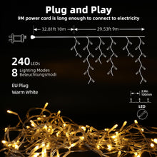 Carica l&#39;immagine nel visualizzatore di Gallery, LEDYA Luci di Natale da Esterno, 9M 240 LED Tenda Luminosa Natale con Timer/8 modalità, IP44 Impermeabili, Luci Natale Esterno Cascata Decorazioni per Balcone, Natale, Matrimoni, Feste