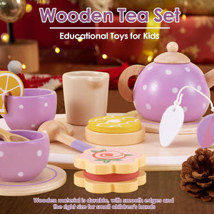 AOLEVA Set da Tè Giocattoli in Legno, Set Cucina Legno Bambini Accessori Cucina Giocattolo Servizio da Tè Gioco di Imitazione Regalo per Bambini Bambina 3 4 5 Anni