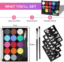 Carica l'immagine nel visualizzatore di Gallery, URAQT Body Painting, 15 Colori Face Painting, Pittura Corpo con 32 Stampini e 2 Pennelli, Coloranti Naturale e Sicuro, Feste, Trucco Make-up, Halloween
